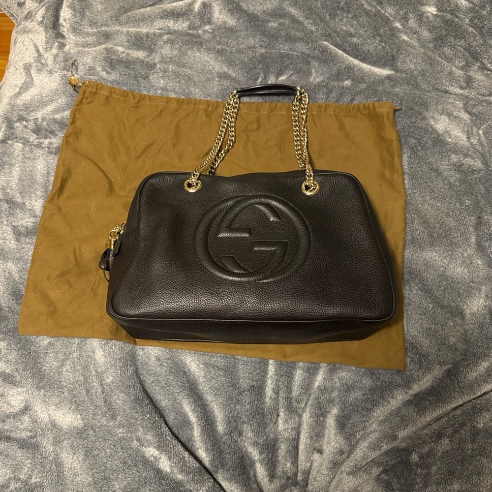 Gucci Black Soho Double Chain Bag - Leather Shoulder Bag with Gold Chain - Picture 4 of 17